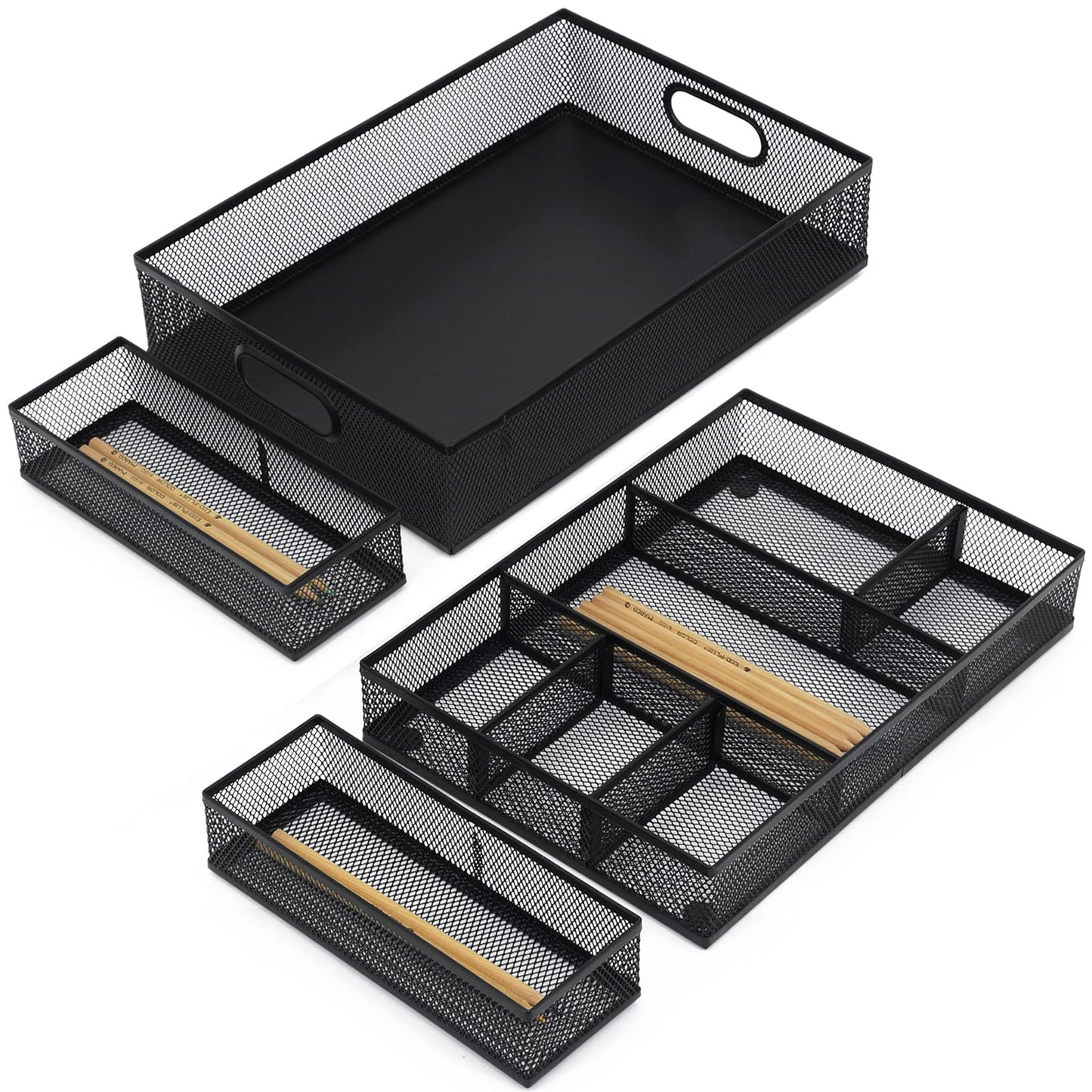 Neudeco Desk Drawer Organizer with 6 Adjustable Dividers, Metal Mesh Pen Organizer for Desk Drawer, Office Supplies Tray (Pack of 4, Black)