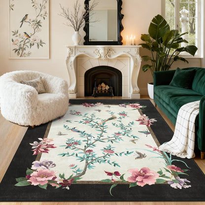 GarveeHome 5x7 Area Rugs Chinoiserie-Style Washable Rugs 5x7 Oriental Colorful Butterfly Birds Floral Rug Non Slip Low Pile for Kids Living Room Bedroom Nursery Dining, Black