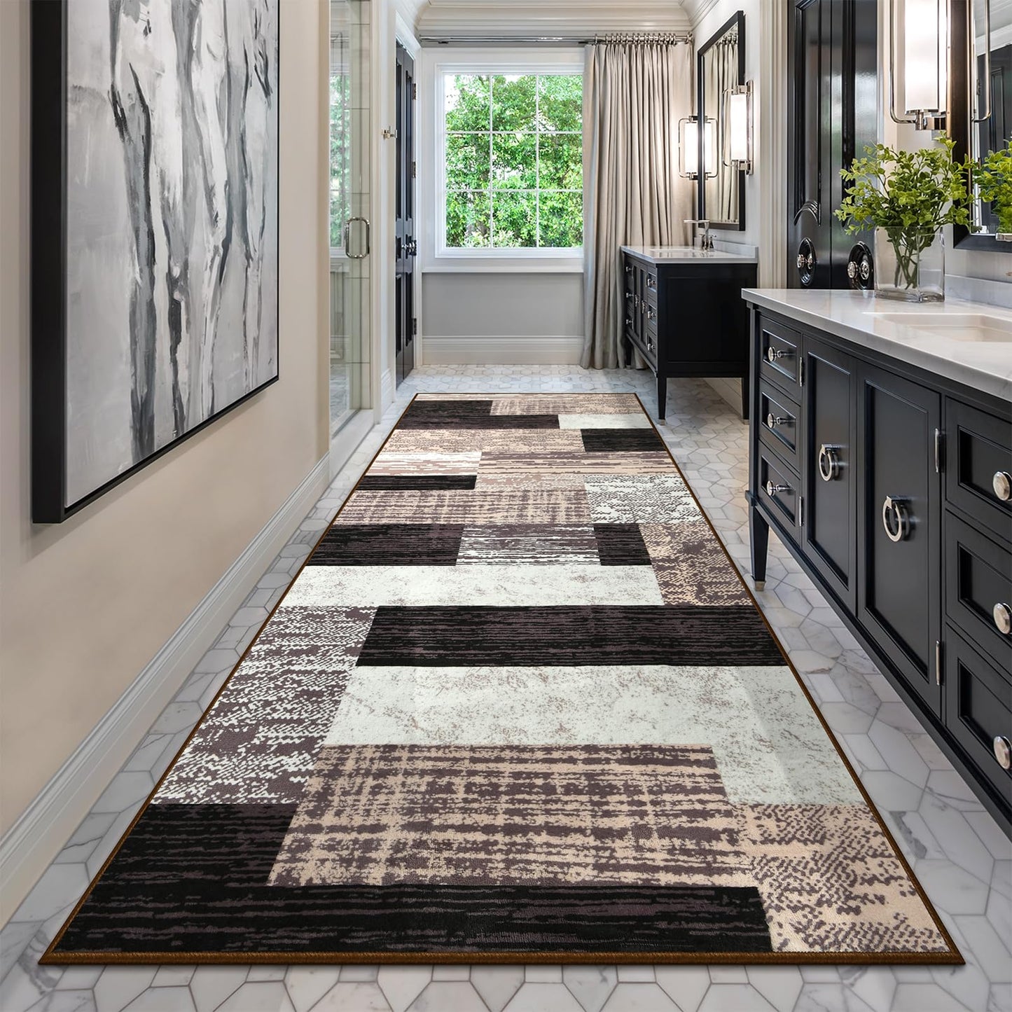 Indoor Runner Rug, Washable Runner Rug with Rubber Backing, Modern Geometric Patchwork Aesthetic Carpet for Bedroom, Living Room, Hallway, Entryway, Washable Rug Rockwood Collection, 2x6 Ft Chocolate