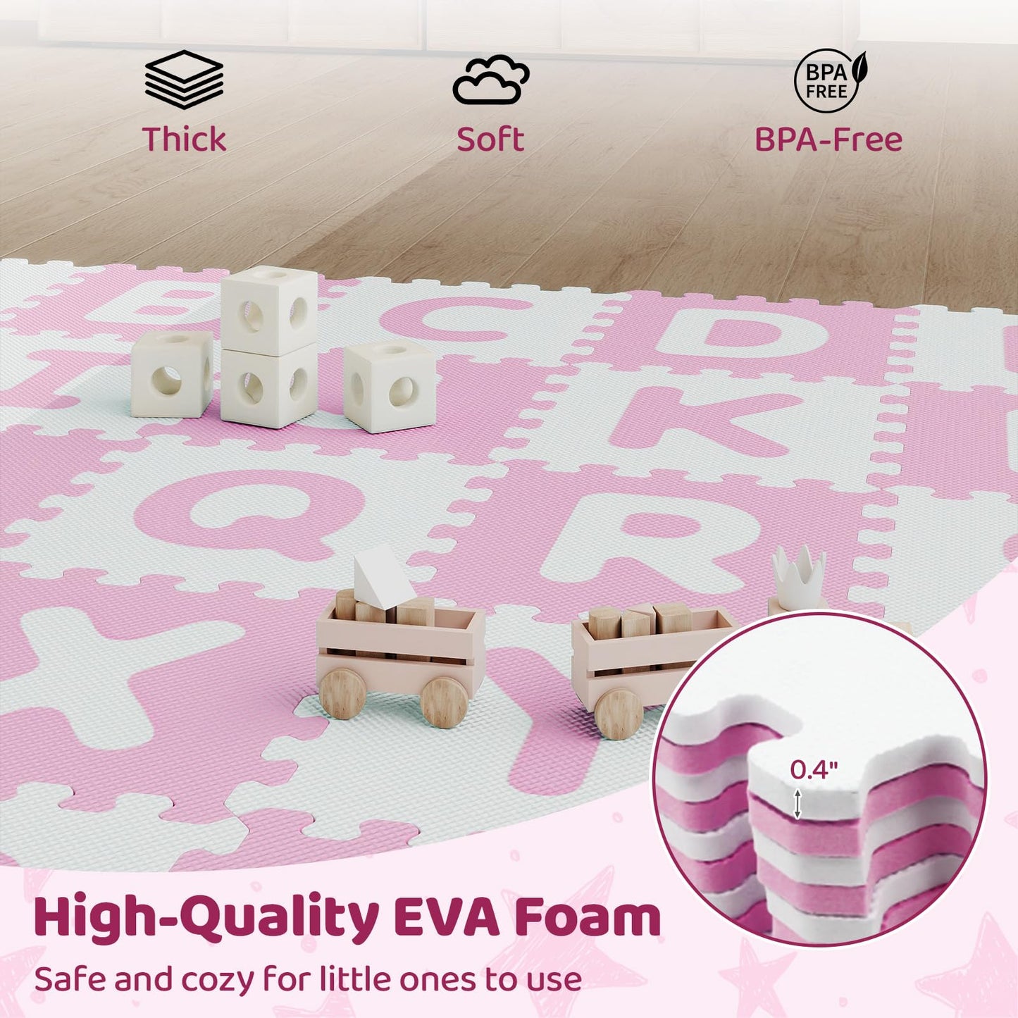 HONEY JOY Foam Floor Tiles for Kids, 12.5” x 12.5” EVA 26-Piece Interlocking Alphabet Puzzle Play Mat, Non-Slip Large Soft Carpet Rug, Easy to Clean, for Baby Crawling Exercise, Playroom (Pink)