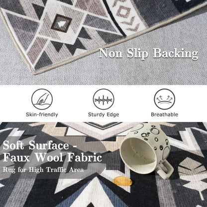 Western Rug for Living Room, 6x9 Non Slip Low Pile Aztec Rug for Bedroom, Dining Room Rugs for Under Table, Office, Large Machine Washable Area Rugs, Grey