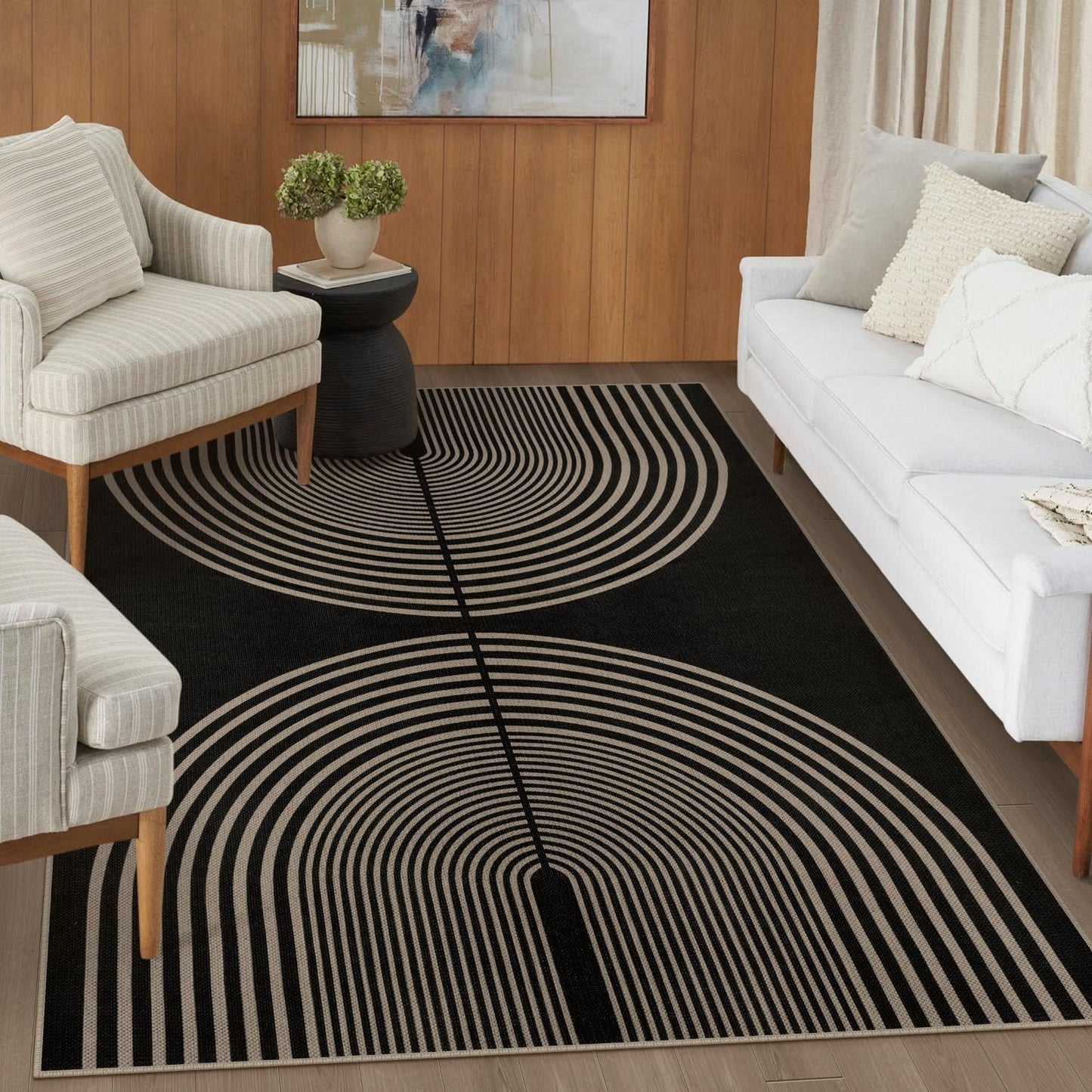 Rugalia Easy Jute 5x7 Outdoor Patio Rug, Washable Black Boho Rainbow Rugs for Living Room, Non-Slip Modern Farmhouse Outdoor Mat Neutral Abstract Floor Carpet for Patio Dining Room Backyard
