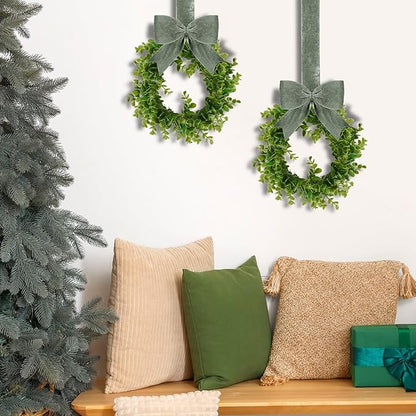 WILLBOND 4 Pcs Christmas Kitchen Cabinet Wreath Boxwood Garland with Ribbon Greenery Garland Hanging Wreaths for Cabinet Wall Window Door Fireplace Party Farmhouse Decor(Green,Velvet)