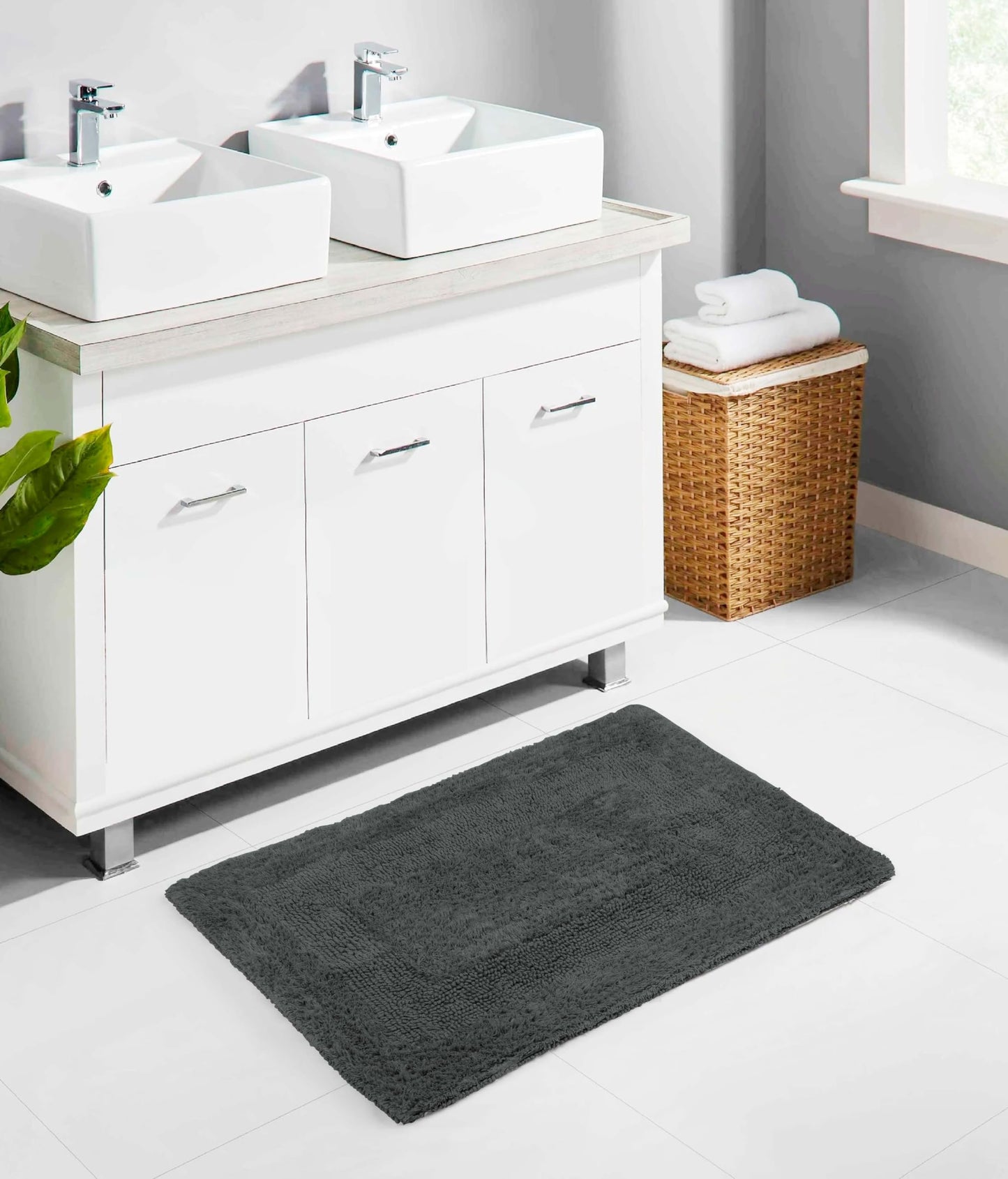 COTTON CRAFT Luxurious Bath Mat Rug - Set of 2 Reversible Heavyweight Step Out Bath Mats for Bathroom Floor, Tub and Shower - Pure Cotton Soft Plush Absorbent Hand Tufted Mat - 17 x 24 - Charcoal Grey