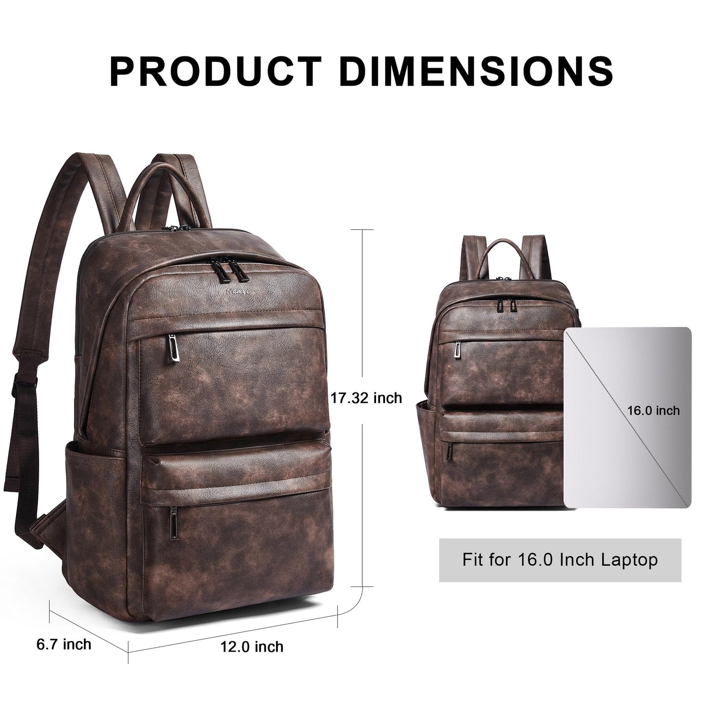 tiamyi Vegan Leather Backpack for Women and Men, Fits 16.0 Inch Laptop, Multi-Pocket Design with Water Bottle and Luggage Strap, Ideal for Work, Travel, and Daily Use, Coffee