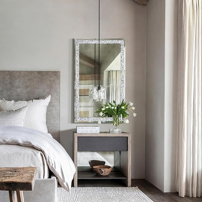 Crystal Crush Diamond Mirror-46.5"x31" Silver Mirror, Gorgeous Wall Mirror, Rectangle Mirrors for Wall Bathroom, Bedroom, Dining Room and Living Room