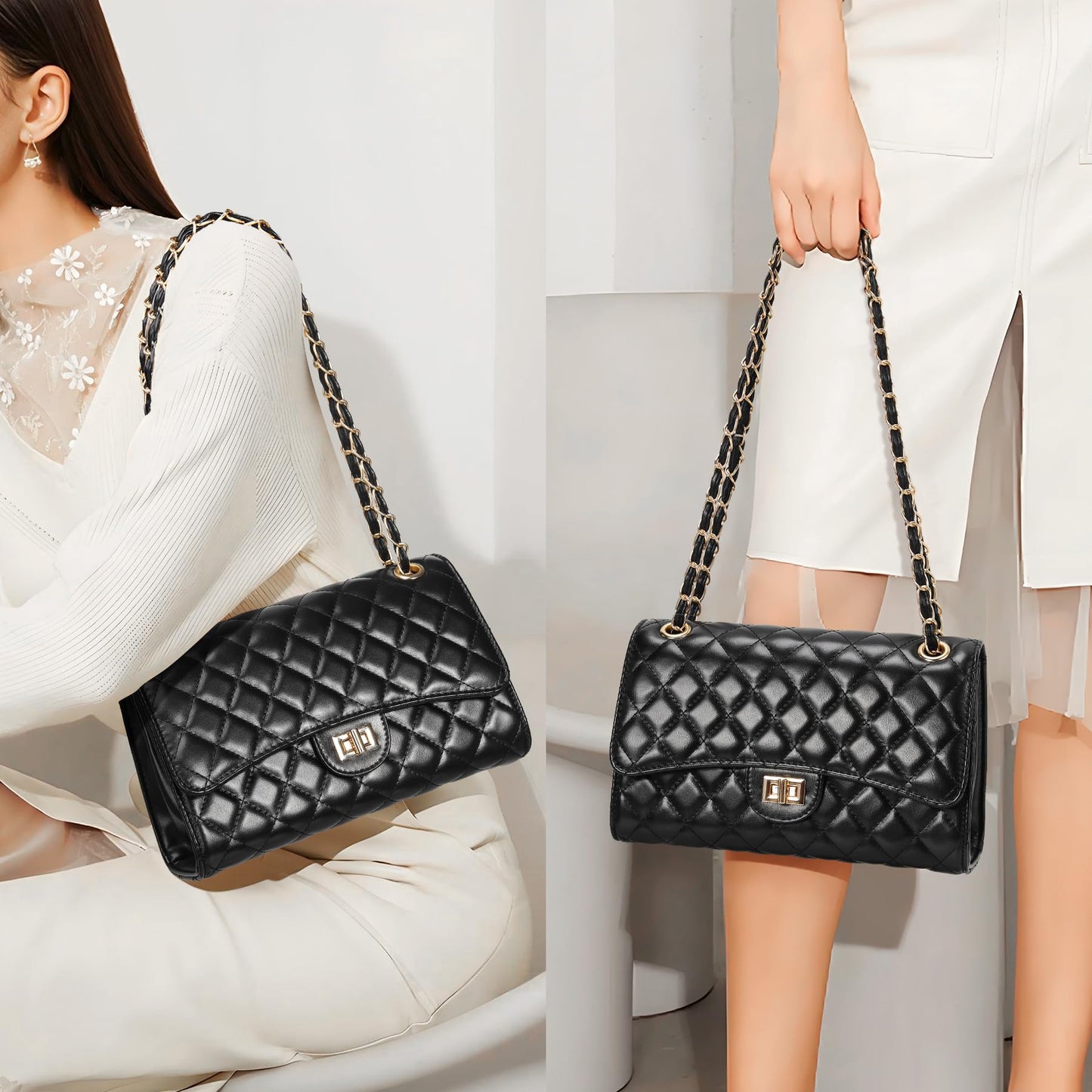 Quilted Crossbody Purse for Women Trendy Ladies Shoulder Bag with Chain Strap PU Leather Cross Body Bags Satchel HandBag,Black