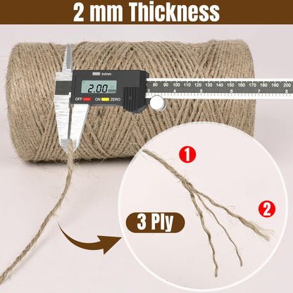 Jute Twine 2mm 1600 Feet Natural Jute Twine String for Crafting, Gardening, Gift Wrapping, Macrame, DIY Decor (Brown, 2Rolls, 800Feet/Roll)
