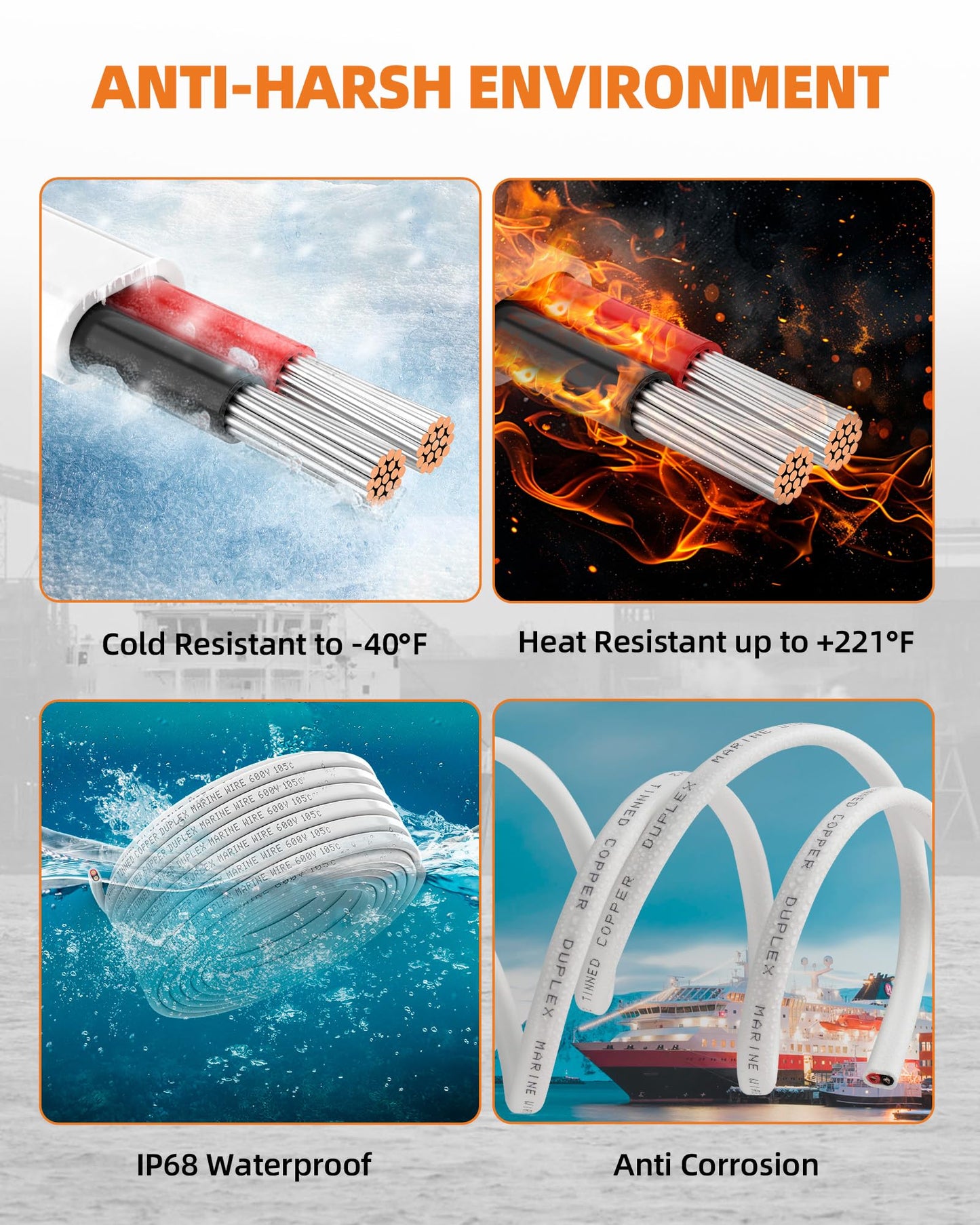 4 Gauge Marine Wire, 4/2 Duplex Tinned Copper Marine Grade Cable, IP68 Waterproof/Corrosion-Resistant PVC Stranded 4 AWG Wire for Boat, Automotive, Solar, Trolling Motor, Battery (50FT)