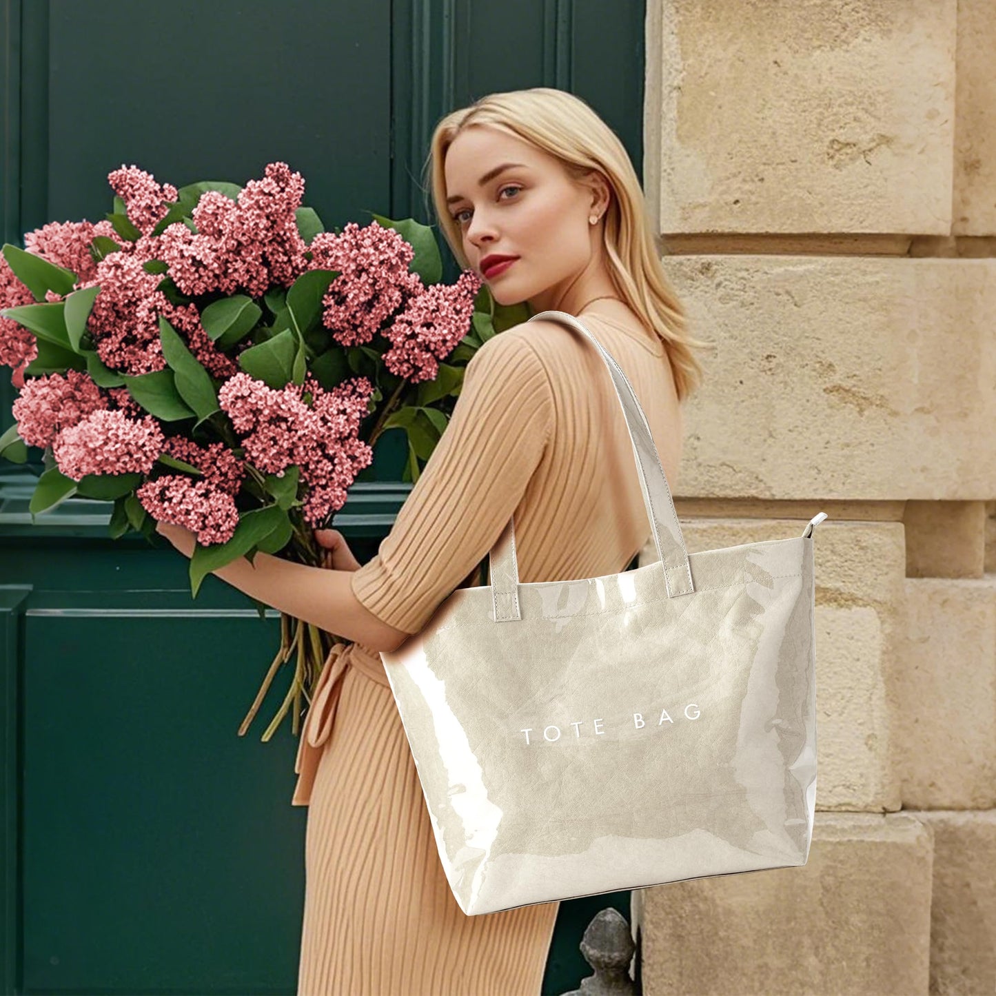 KALIDI PVC Zipper Tote Bag, Jelly Kraft Paper Beach Bag Large Hobo Carry All Travel Shopping Handbag Plastic Shoulder Bag (Beige)