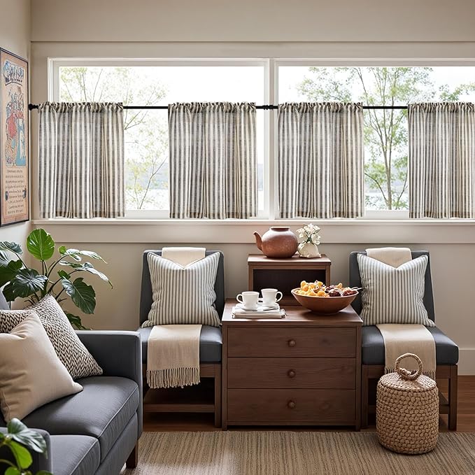 jinchan Striped Linen Kitchen Curtains 24 Inches Length Tier Curtains Farmhouse Modern Cafe Small Window Treatments Airy Light Filtering Rod Pocket for Living Room Bathroom 2 Panels Jet Black