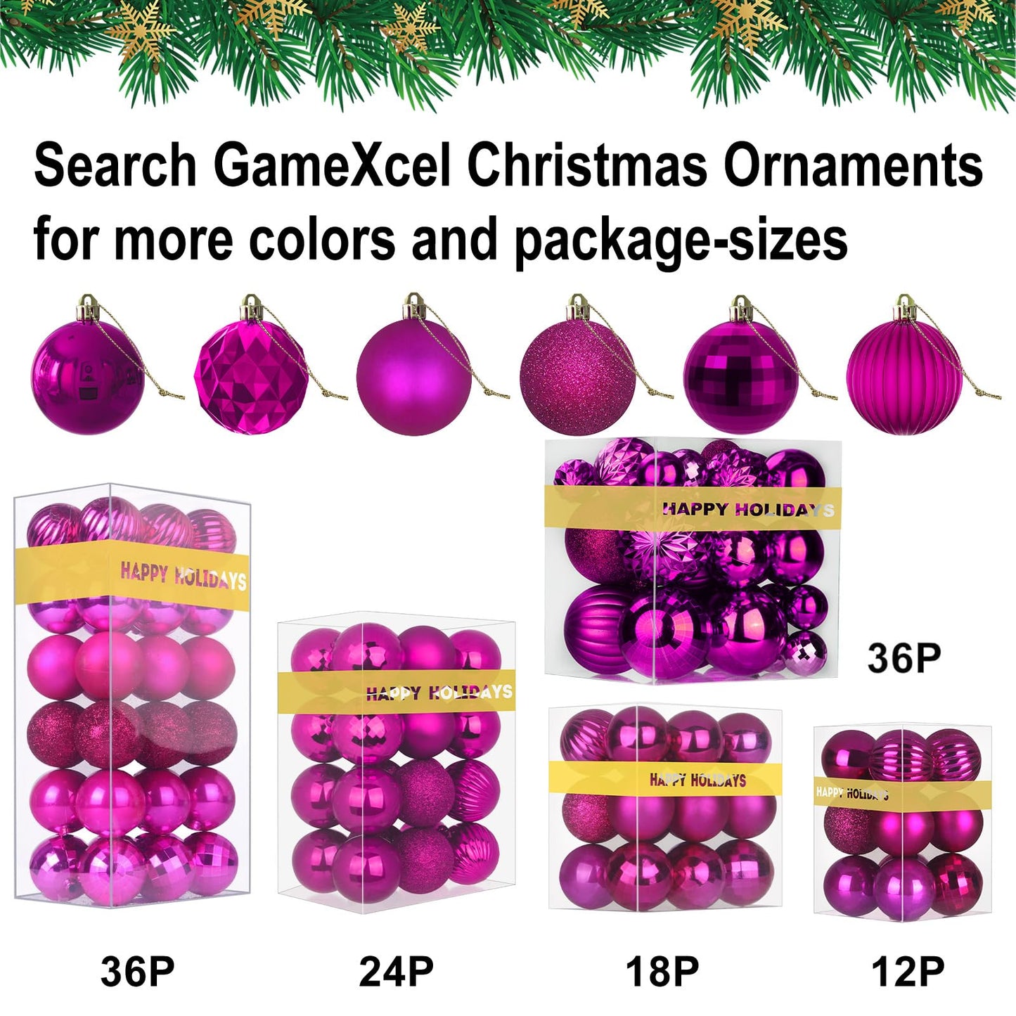 Fuchsia Christmas Ornaments - Christmas Tree Decorations Shatterproof Hanging Balls for Birthday Wedding Holiday Decor Set of 36pcs, Multi-Sizes(1.6",2.5",3.2")