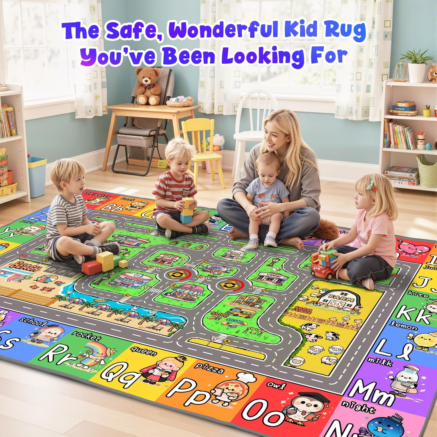 Kids Car Rug for Playroom, Bedroom, Classroom, 8x10 Kids Play Mat with Road, ABC, Buildings, Car Road Carpet, Educational Toddler Rug for Boys, Girls