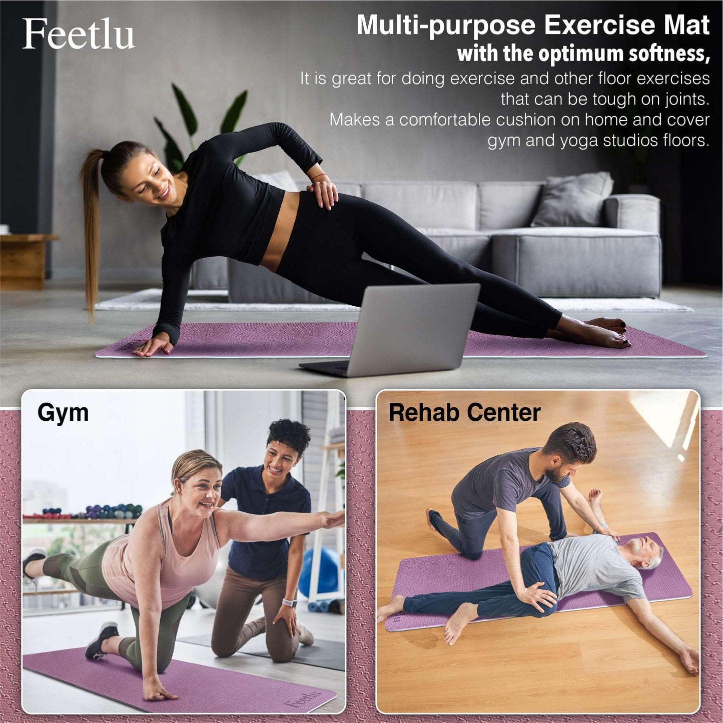 Feetlu Extra Thick Yoga Mat with Carry Strap, 10mm Non-Slip Exercise Mat, 72 x 24 Inch Cushioned Workout Mat for Yoga, Pilates, Stretching & Floor Exercises (DK. PL/BGY)