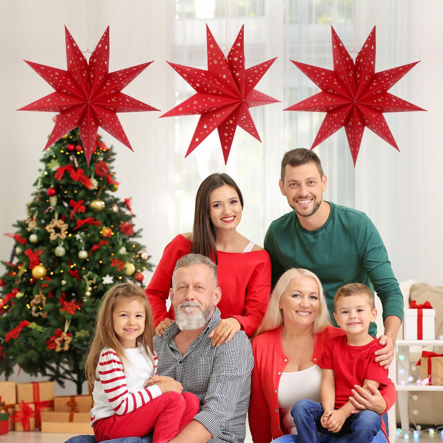 3Pcs Paper Star Lantern Lampshade 9 Pointed Star Hanging Decorations for Christmas New Year Wedding Party Holiday Birthday, Red