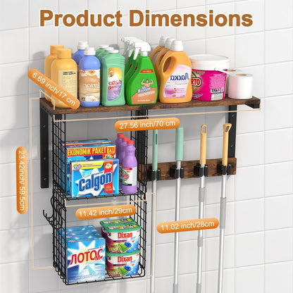 Housolution Broom Holder Wall Mount with Cleaning Supplies Organizer, 100 LBS High Load-Bearing Laundry Room Storage Shelves, Multifunctional Mop Hanger Rack with 2 Baskets, 4 Grippers & Hooks
