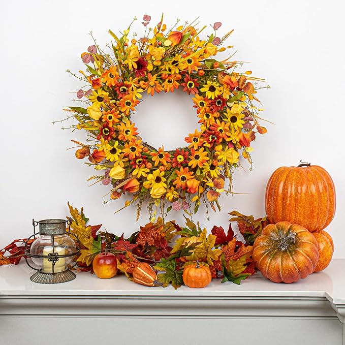 JINGHONG Fall Wreaths for Front Door 22 Inch Artificial Fall Wreath Floral Autumn Wreath with Colorful Daisies Orange Foliage for Indoor Outside Door Harvest Festival Thanksgiving Day Celebration