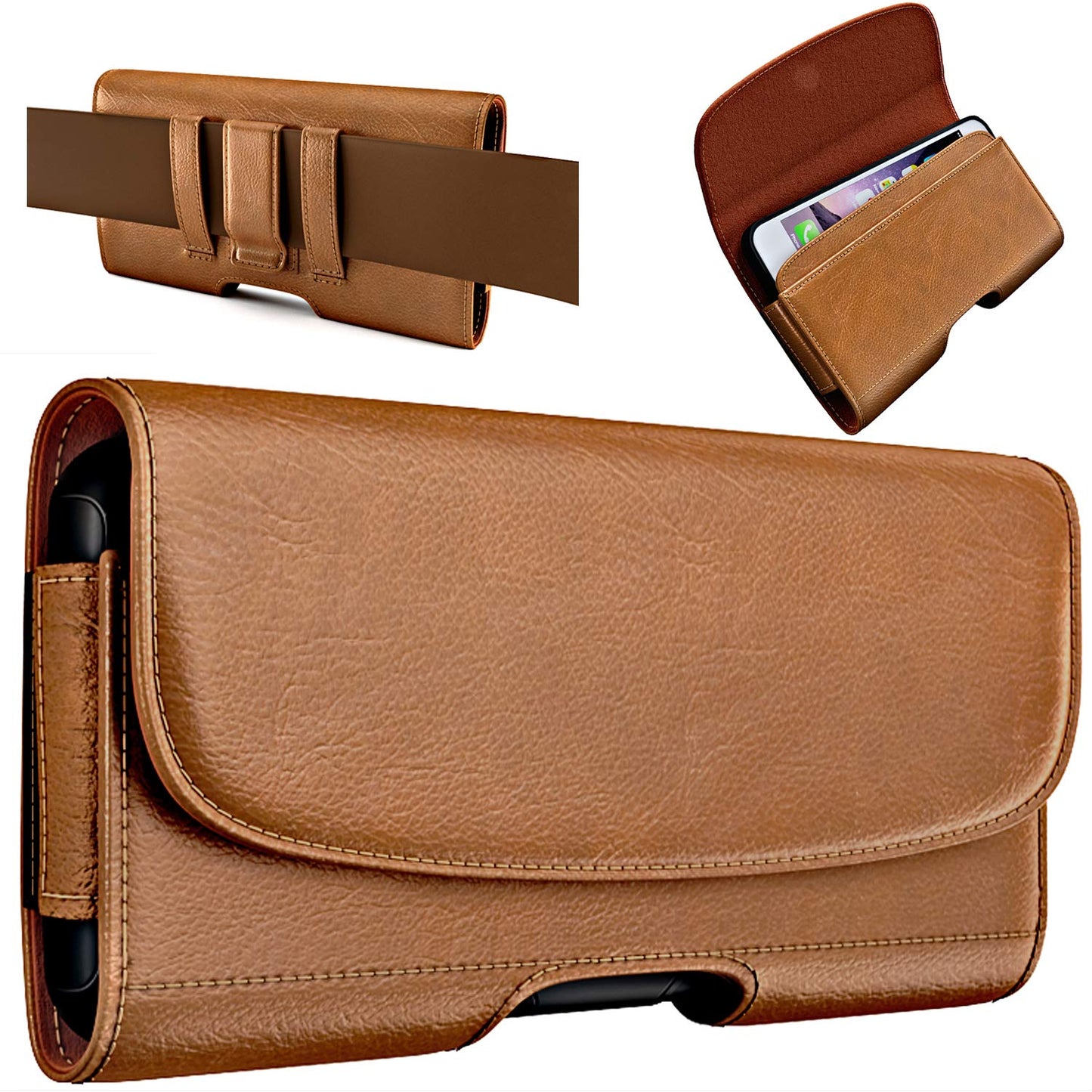 PiTau Holster for Large iPhone Plus, Pro Max Models 16 15 14 13 12 11 Xs Max – Cell Phone Belt Holder Clip Case, ID Card Carrying Pouch (Fits Otterbox Commuter Case) Brown