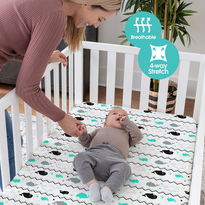 Pack n Play Sheets, BROLEX 2 Pack Mini Crib Sheets,Stretchy Portable Fitted Playard Sheet Set, Convertible Playard Mattress Cover,Ultra Soft Breathable Material,Elephant Whale