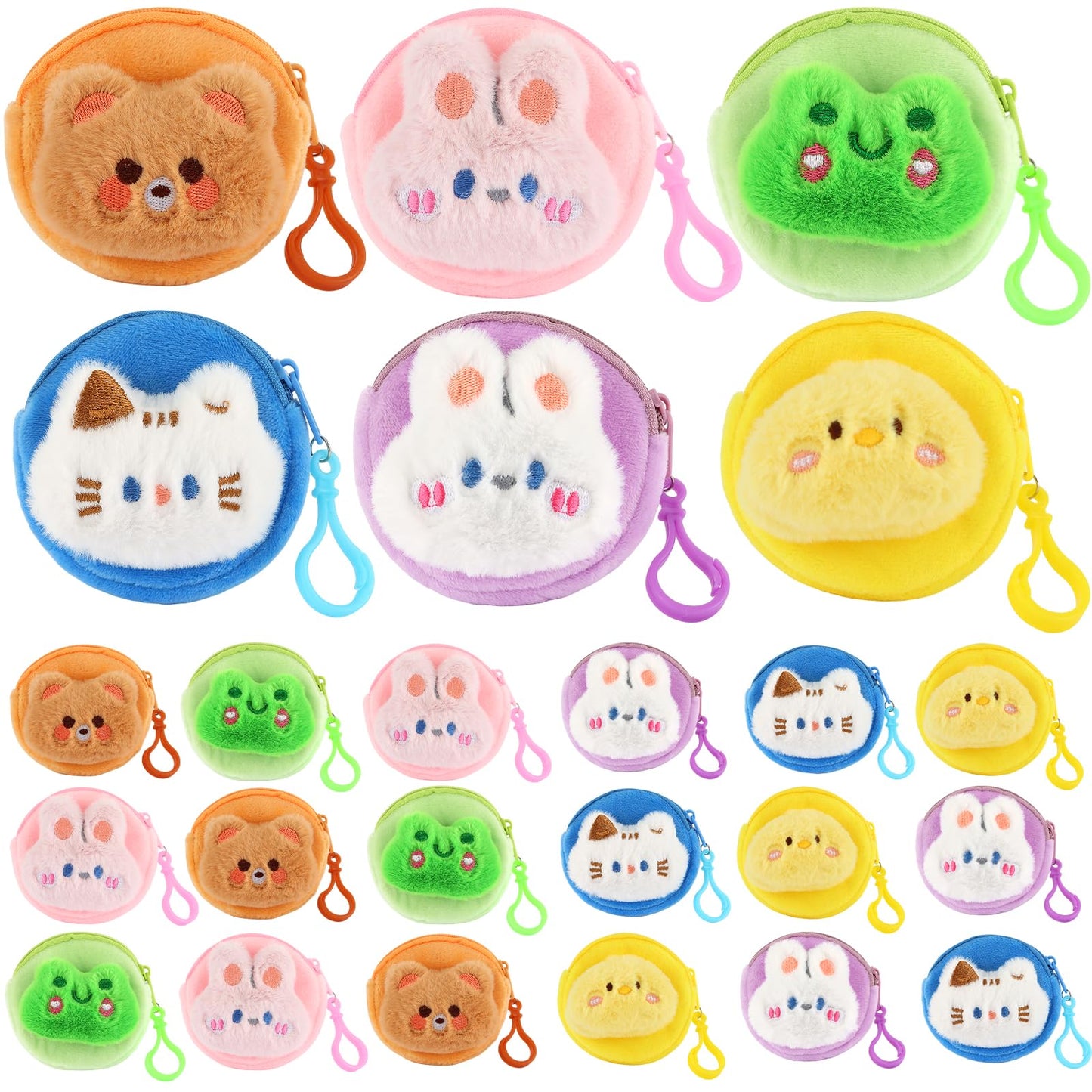 24 Pcs Cute Coin Purse for Women, Kawaii Plush Coin Pouch, Mini Wallet with Zipper Keychain, Small Change Purse for Women on Back to School Halloween Christmas Exchange Gifts