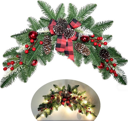 27.6" Christmas Swag with Lights Artificial Decorative Swag with Cute Bow Red Xmas Balls PineCones Red Berries Cedar Pine Swag Wreath Decoration for Front Door Table Window Stair Mantle Holiday Decor