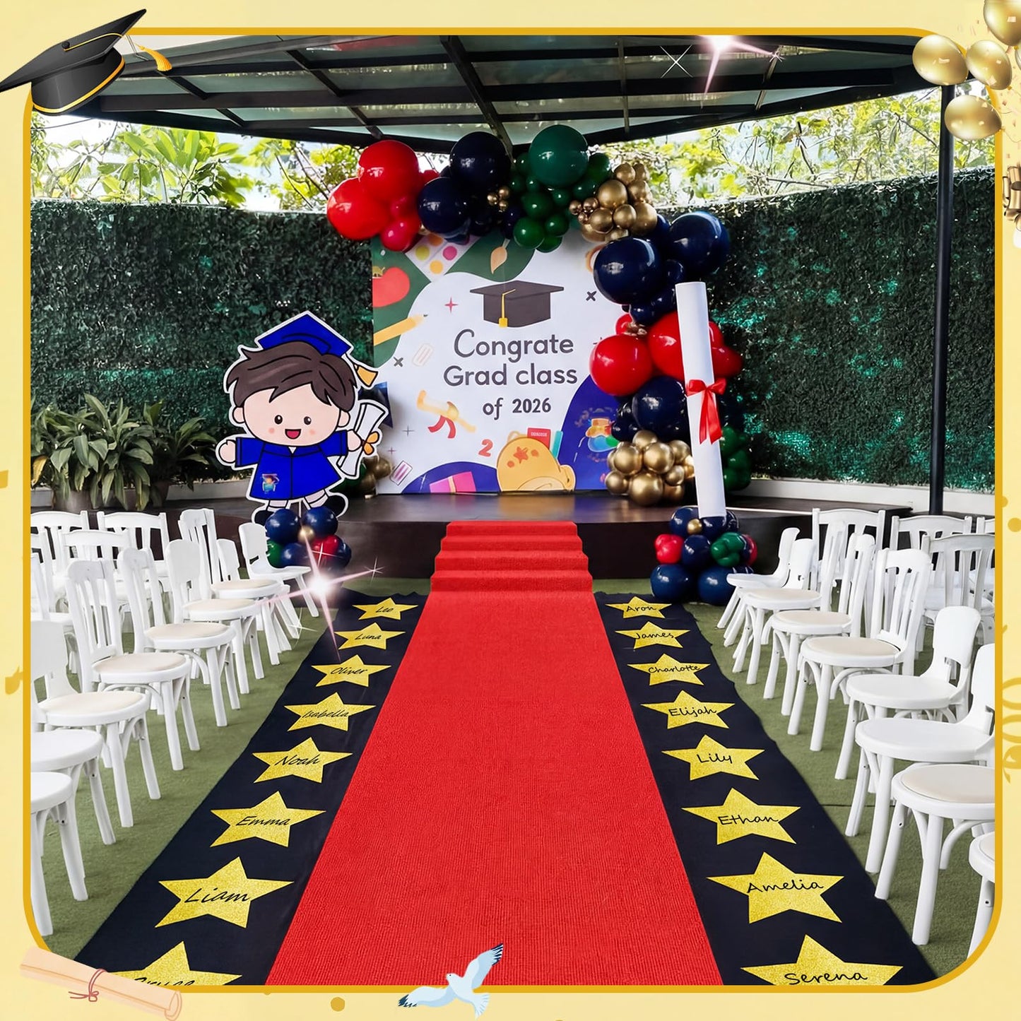 eBoot Red Carpet Runner Backdrop 23ft Graduation Aisle Runner with Large Star Backdrop and 24 Star Paper Cutouts for Graduation Ceremony End of Years Movie Theme Party Entrance Photo Booth Decorations