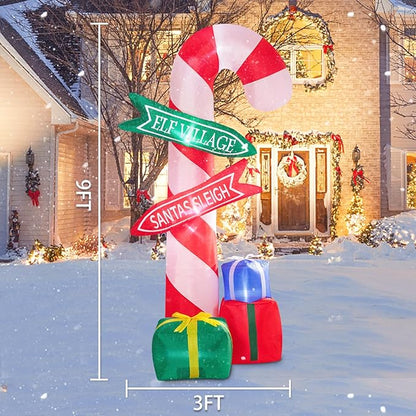 MUMTOP 9 Ft Tall Christmas Inflatables Outdoor Decorations, Inflatables Candy Cane with Road Sign Blow up Merry Christmas Bag Yard Decoration Built-in LED Lights for Outdoor Party Holiday Decor
