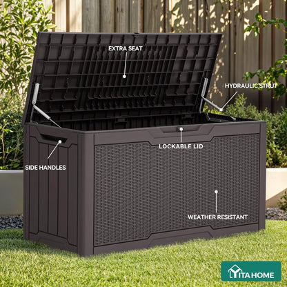 YITAHOME 80 Gallon Resin Deck Box, Weather Resistant Outdoor Rattan Storage Box, Lockable Indoor Outdoor Storage for Supplies and Essentials, Dark Brown