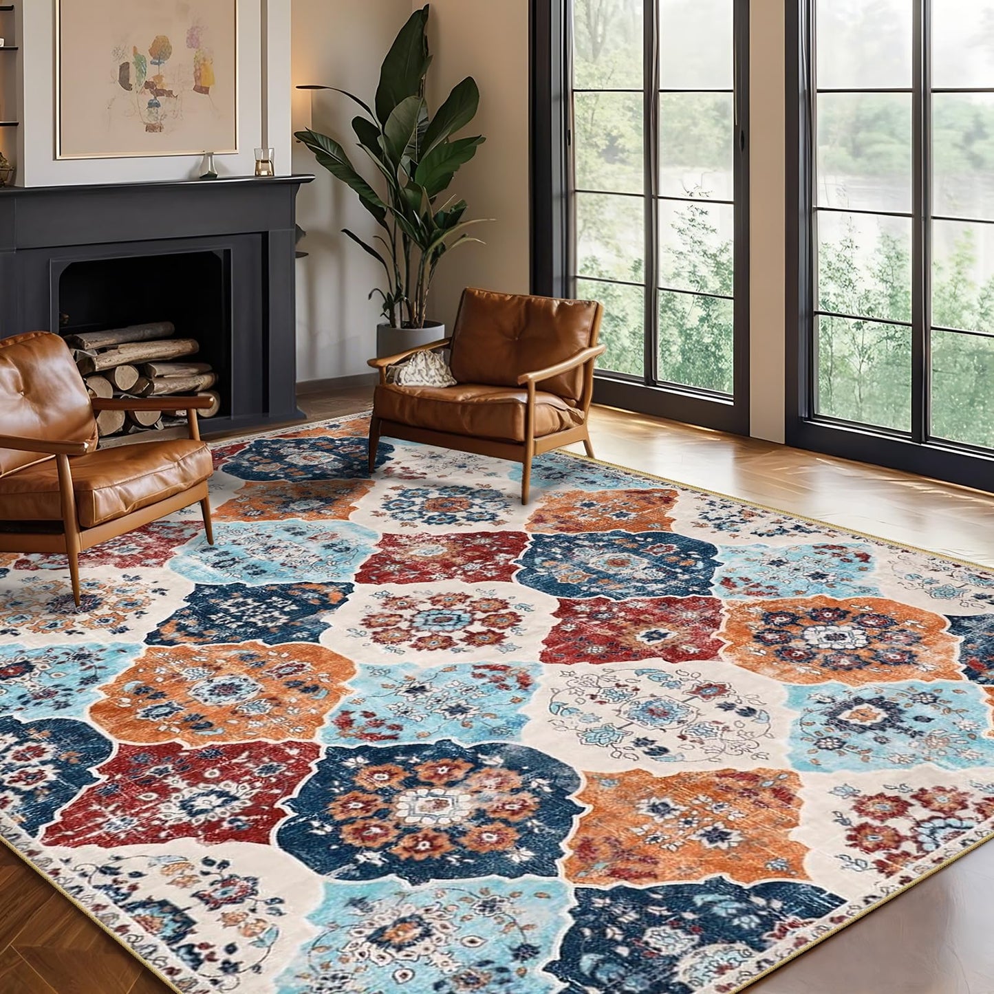 FLYRUGGO Area Rugs, 5x7 Washable Boho Throw Rug Indoor, Moroccan Trellis Bohemian Ultra Soft Large Non-Slip Carpet for Living Room Dining Room Office Bedroom (001-Orange/Multi, 5x7)