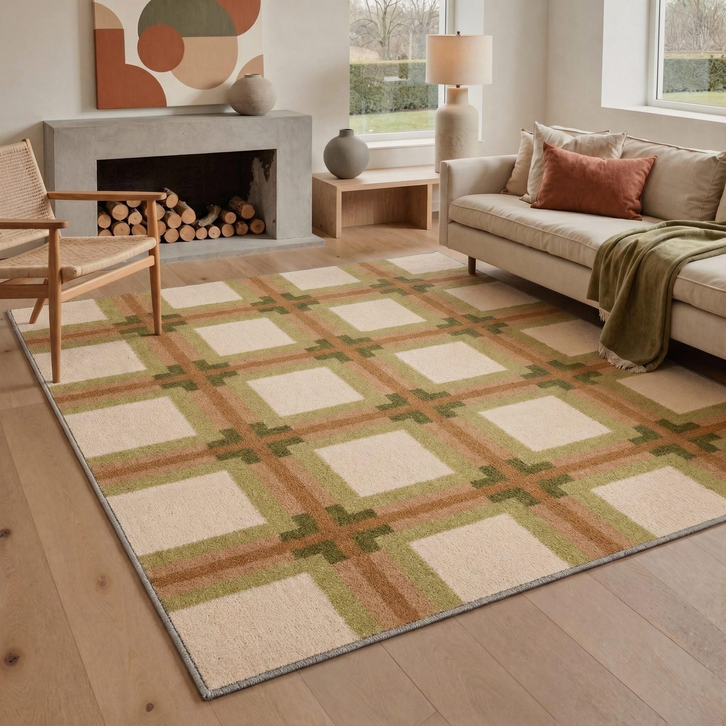 Bavni 5X7 Area Rugs, Minimalist Geometric Grid Low Pile Non Slip Machine Washable Stain Resistant Indoor Rug for Living Room Bedroom Dining Room Home Office, Olive Caramel