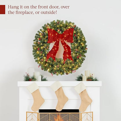 Best Choice Products 30in Pre-Lit Christmas Wreath w/Berries & Pinecones, Large Artificial Indoor/Outdoor Decor for Door, Mantel w/Red Bow, Plug-in