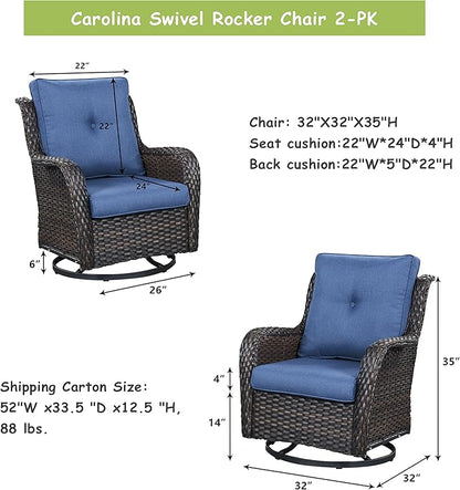 Rilyson Wicker Rocking Chair Swivel Chairs - 2 Piece Rocker Patio Chairs Set Rattan Rocking Chair for Outdoor Porch Deck Garden Backyard (Brown/Blue)