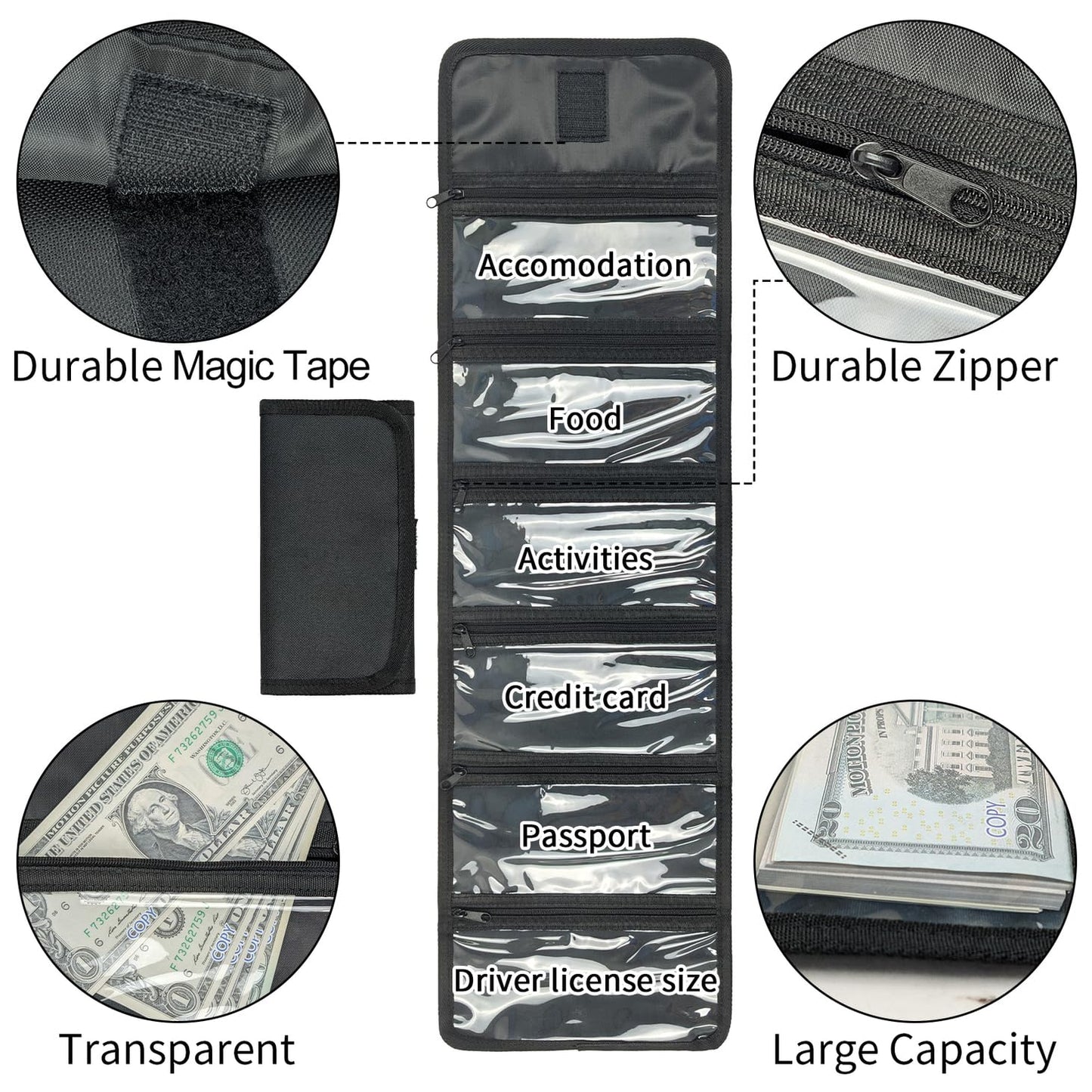 VOCHIC Money Wallet, Money Organizer for Cash with 6 Pocket Multipack Money Pouch, Cash Bill Organizer, Money Bag Small Travel Money Holder for Budgeting, Receipt and Tips
