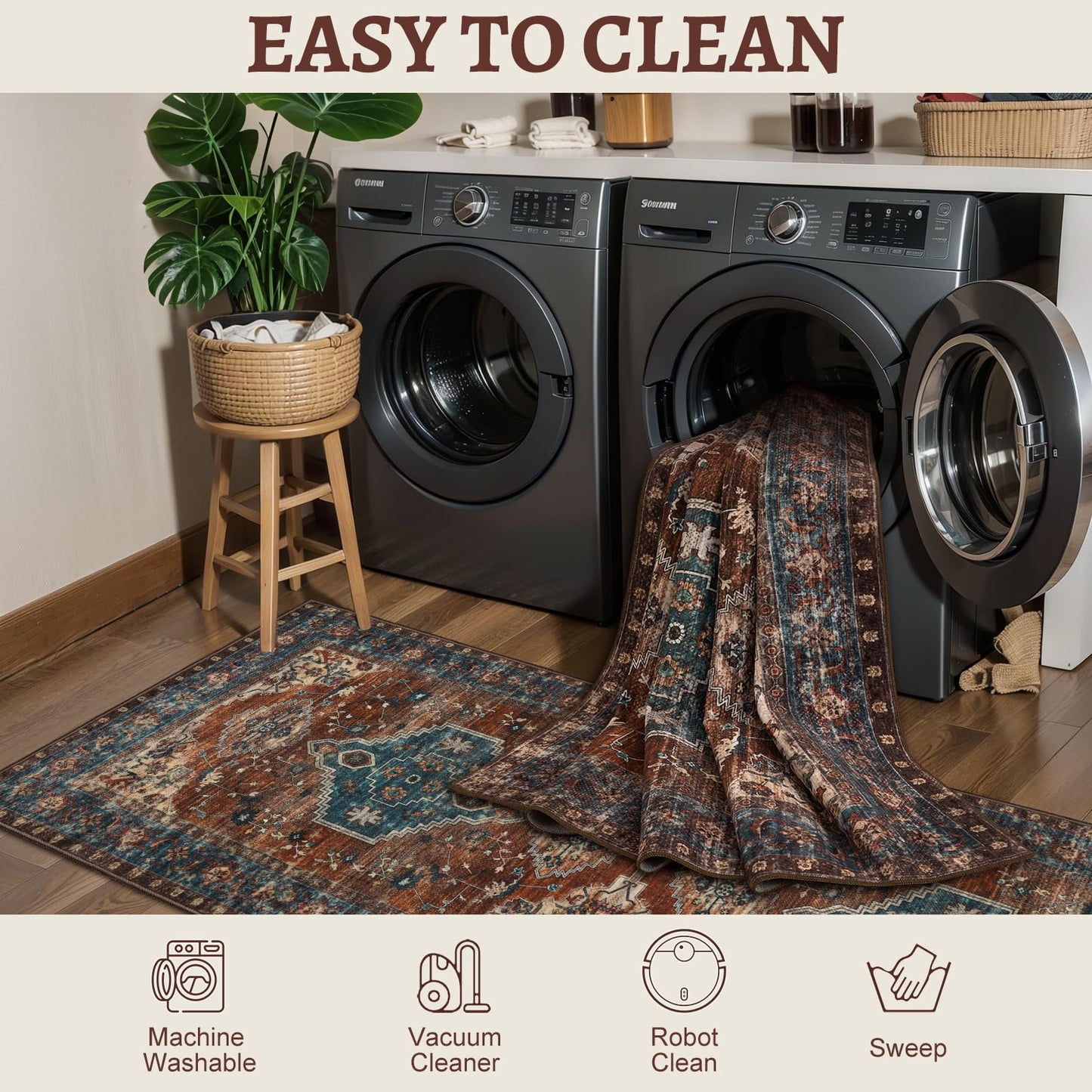 Tangsoo 2x5 Washable Runner Rug for Hallways, Non Slip Vintage Runner Rug, Soft Low Pile Long Rug Runner, Print Distressed Carpet Runners for Kitchen Bedroom Entryway Bathroom Living Room Rust