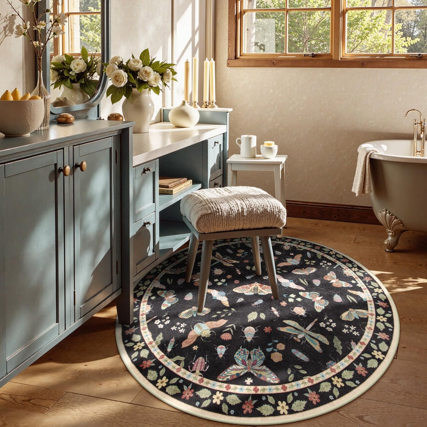 Lahome Insect Washable Round Rugs, Non-Slip Soft Round Rug 4ft Ultra-Thin, Small Boho Circle Carpet for Entryway Kitchen Bedroom Nursery Bathroom Vionnet, Black