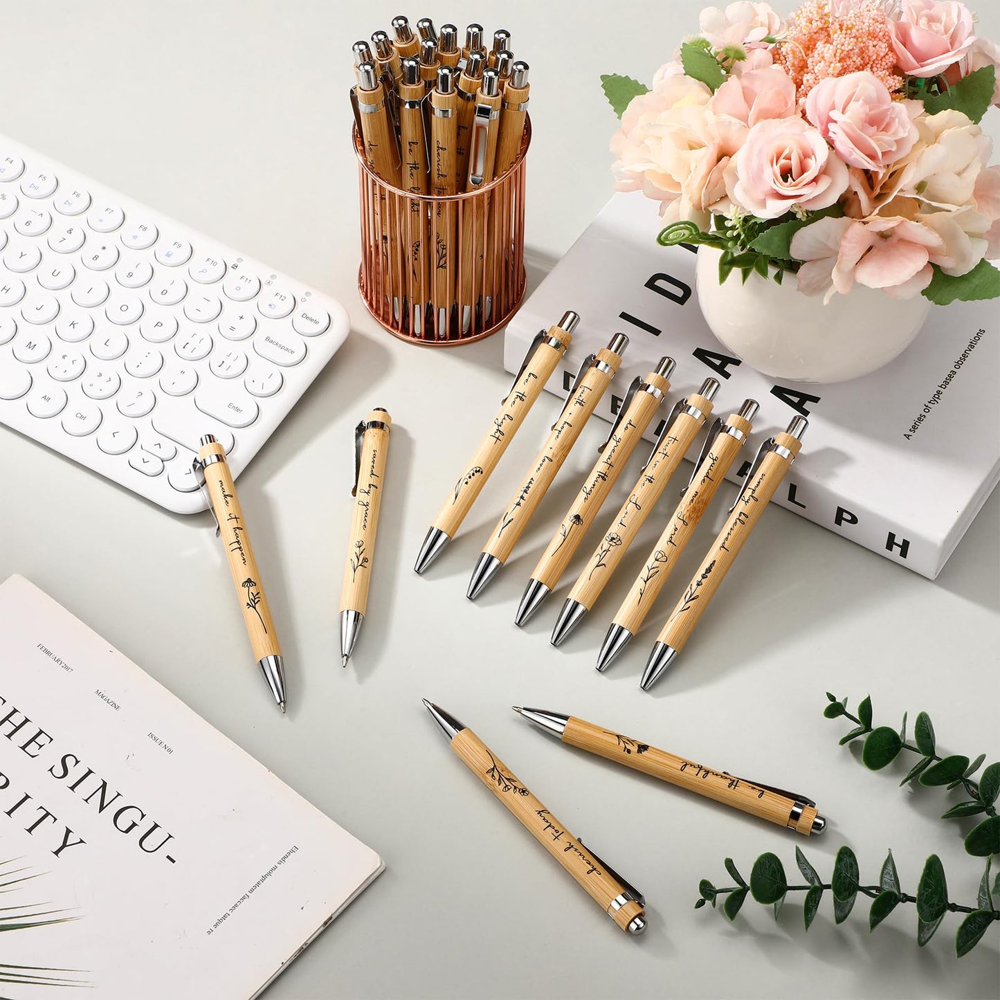 Watersay 30 Pcs Inspirational Bamboo Ballpoint Pens Positive Gifts Bulk Flower Thank You Pens Employee Appreciation Gifts for Coworkers Student Teacher Office