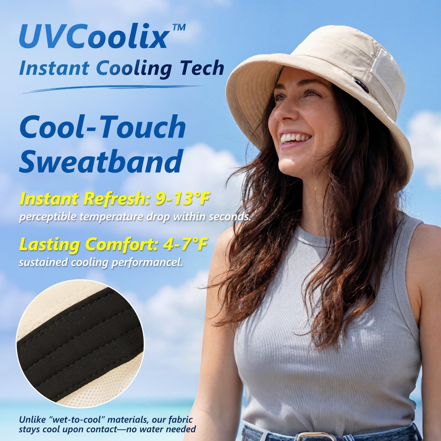 TOP-EX UVCoolix™ Cooling Sun Hat for Women with Ponytail Hole Wide Brim SPF 50 UV Protection Packable Bucket Hat for Travel Beach Gardening Hiking Fishing Camping with Chin Strap Beige L/XL