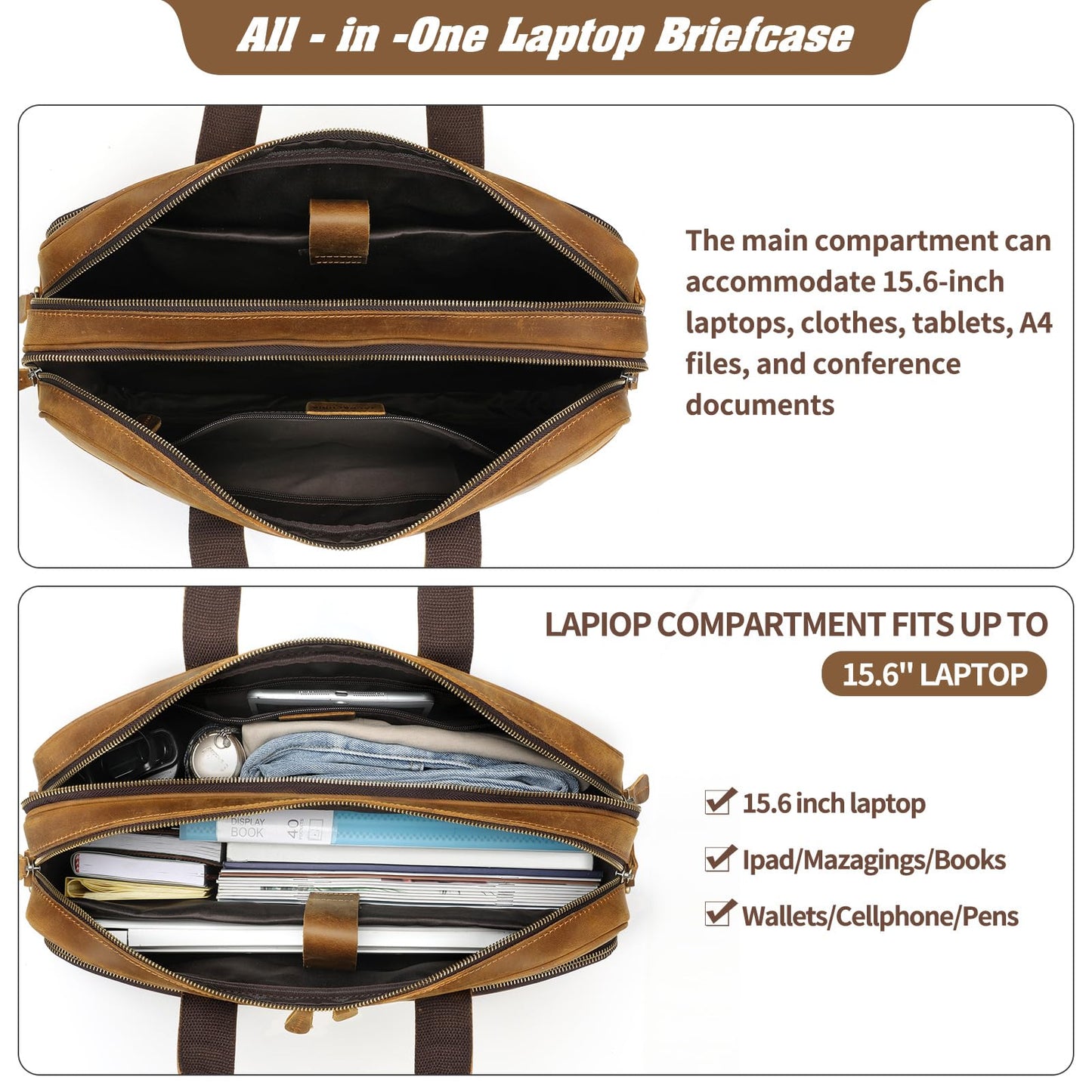 Jack&Chris Full Grain Leather Briefcase for Men,Business Messenger Bag Fits 15.6" Laptop, Vintage Business Messenger Bag with Adjustable Strap, Durable Briefcase with Travel Luggage Strap