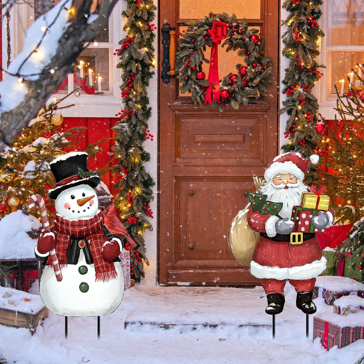 Christmas Decorations Outdoor, Snowman and Santa Claus Metal Yard Signs with Stakes, Xmas Winter Decorative Signs for Garden House Lawn Pathway Patio Outside