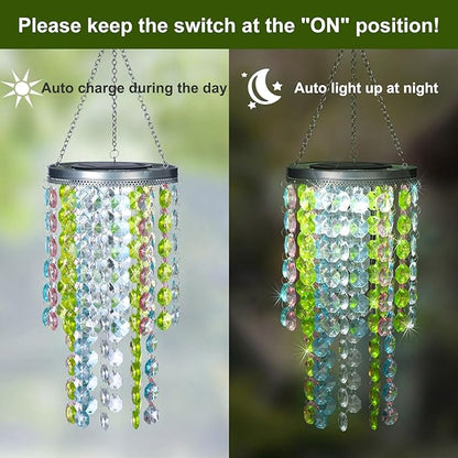 Hanging Solar Crystal Chandelier Outdoor, 21” Modern Solar Multicolor Acrylic Beaded Lantern with Cool White LED S Hooks for Garden Yard Patio Gazebo Outside Decor