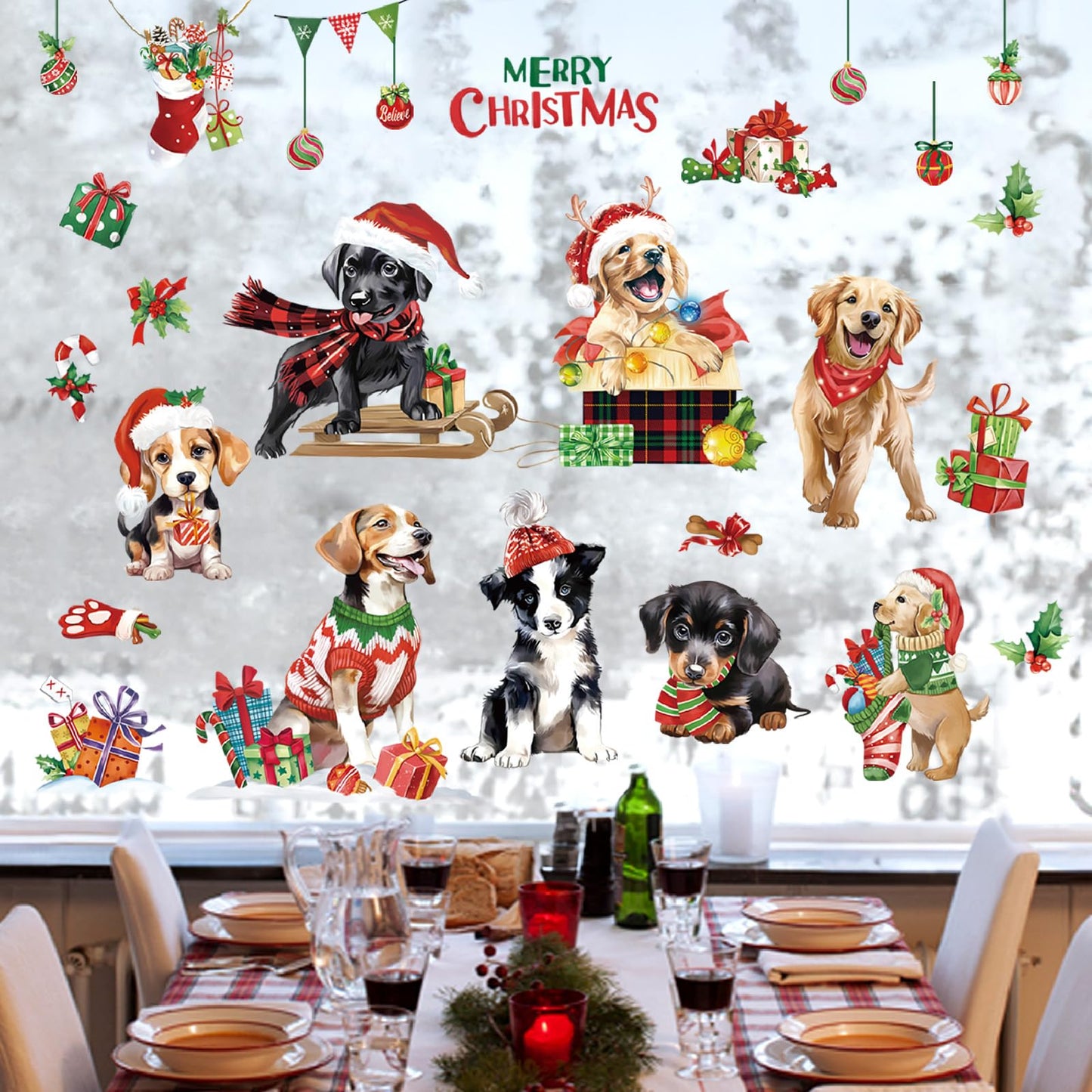decalmile Christmas Dog Puppy Window Clings Reusable Pet Dogs Xmas Double Side Printed Window Stickers Decals Glass Door Home Party Shop Showcase Decoration