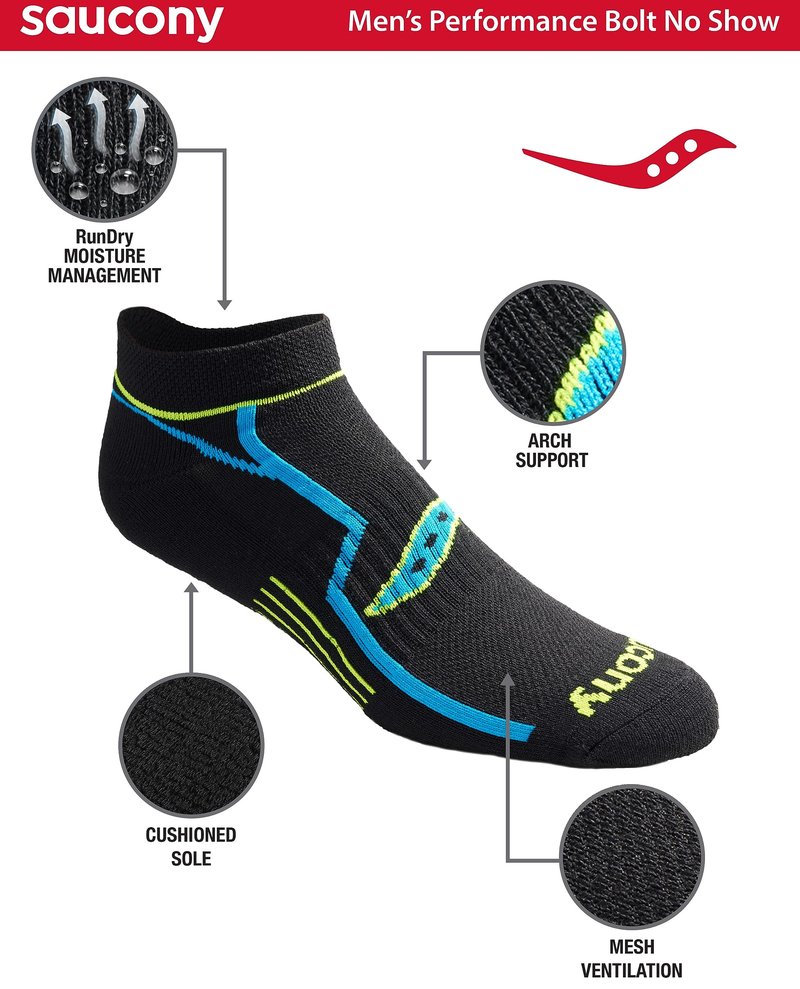 Saucony Men's Multi-Pack Bolt Performance Comfort Fit No-Show Socks, Black (6 Pairs), Shoe Size: 8-12