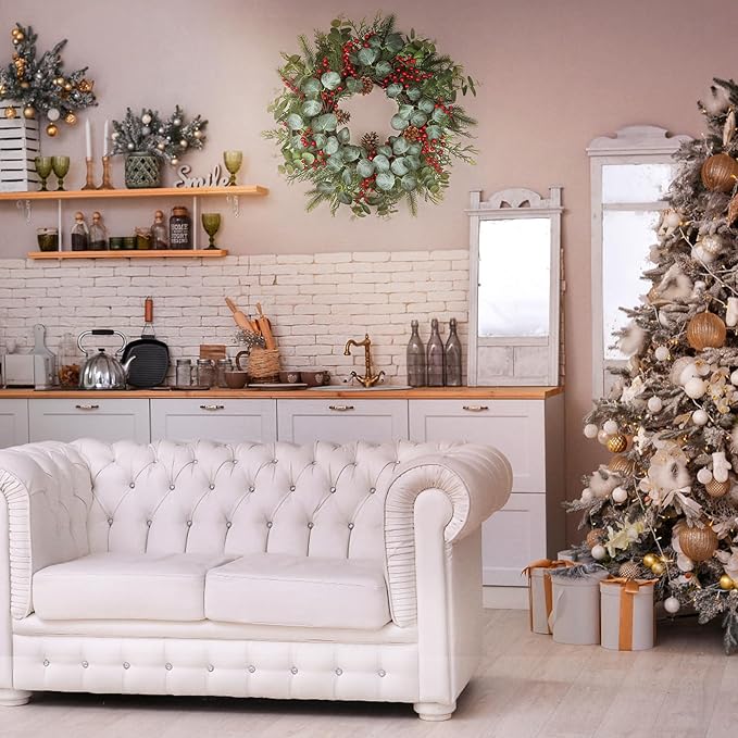 Spring Wreaths for Front Door,Boxwood Wreaths for Indoor and Outdoor Wedding Decorations,Spring Wreath with Pine Cones and Leaves,Berries,Eucalyptus Leaves for Home Decor