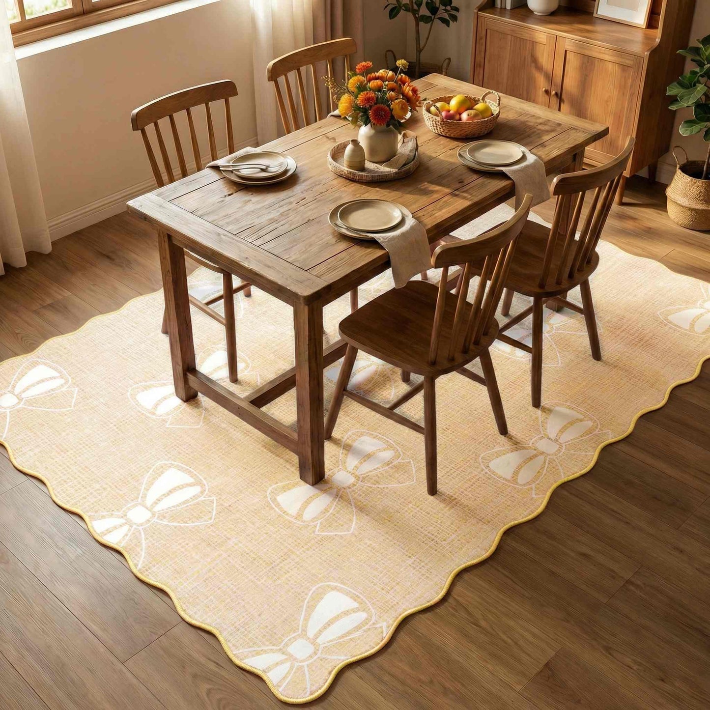 Bow Area Rug for Living Room, Soft Solid Low Pile Carpet for Dorm,Large Cute Washable Rugs 4x6 Soft Low Pile Non Slip Scalloped Rugs for Playroom College Bedroom Girls Room Decor