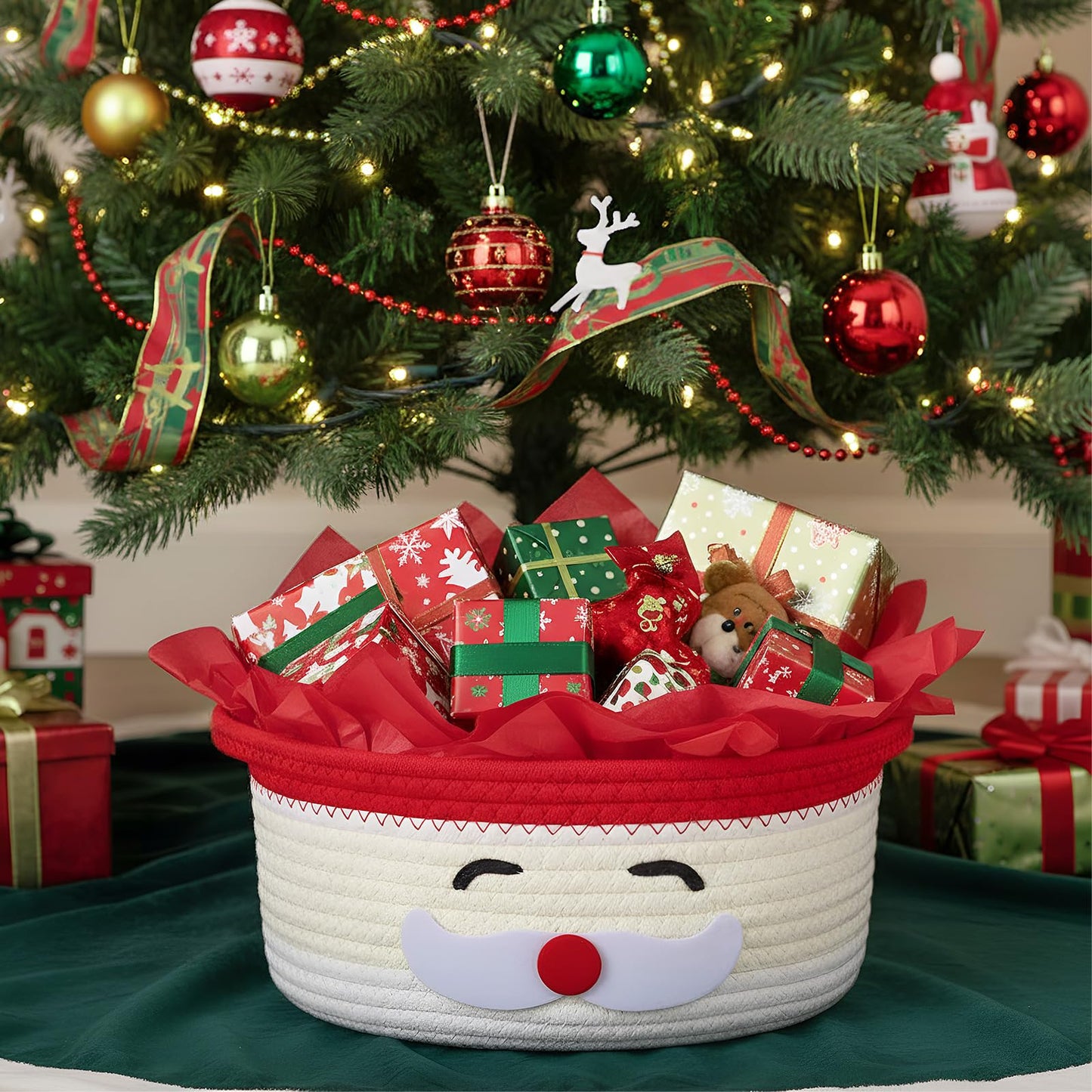 Zopeal Christmas Woven Basket with Gift Bag, Ribbon and Red Tissue Paper Santa Emoticon Woven Storage Bin Empty Basket Holiday Decorative for Xmas Gifts, 12 x 8 x 5 inch