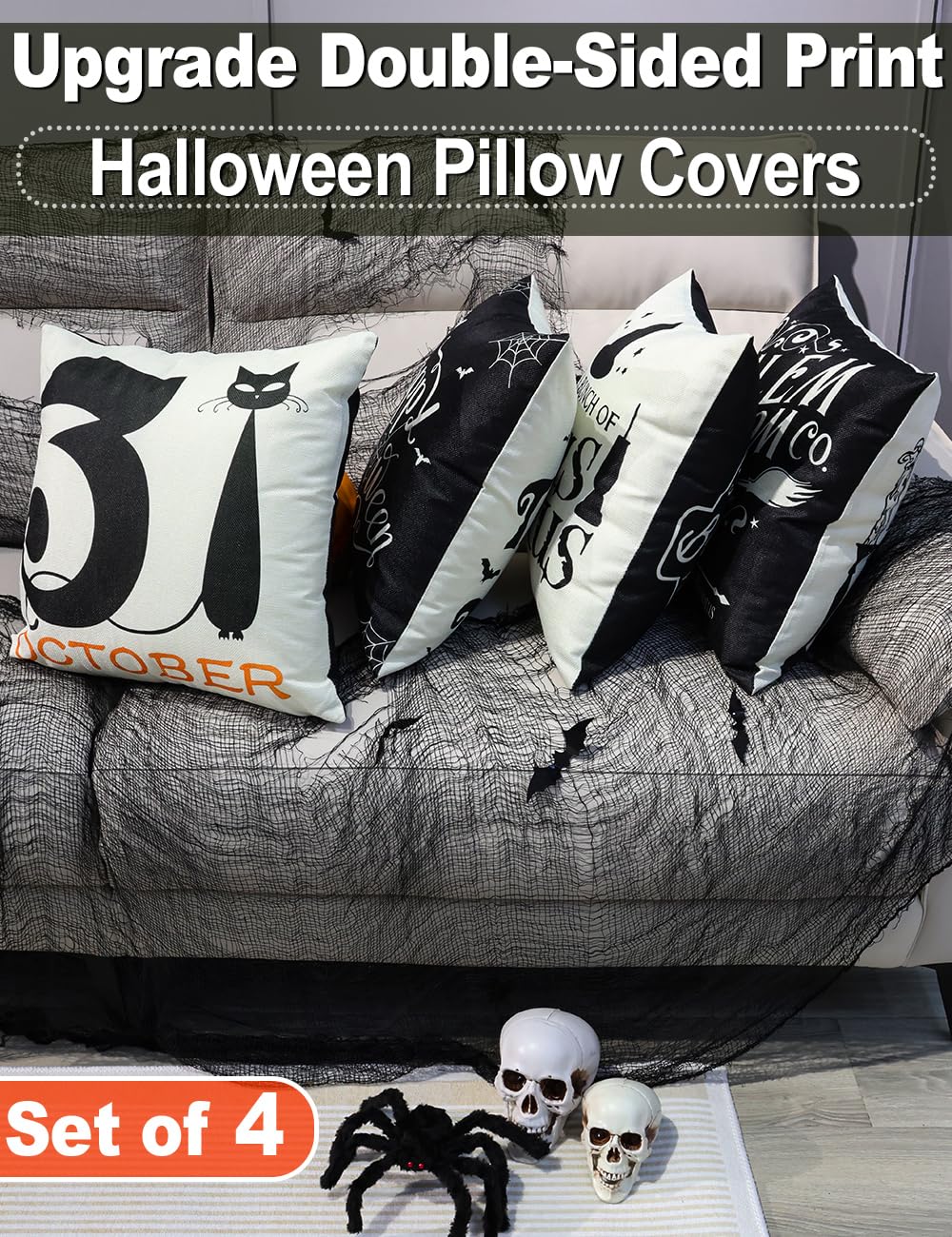 Halloween Decorations Set Of 4 Double-Sided Print Pillow Covers 18" x 18", with 8 Cute Halloween Decor Patterns, Elegant Invisible Zipper, Soft Linen Throw Pillow Covers for Outdoor & Indoor Use
