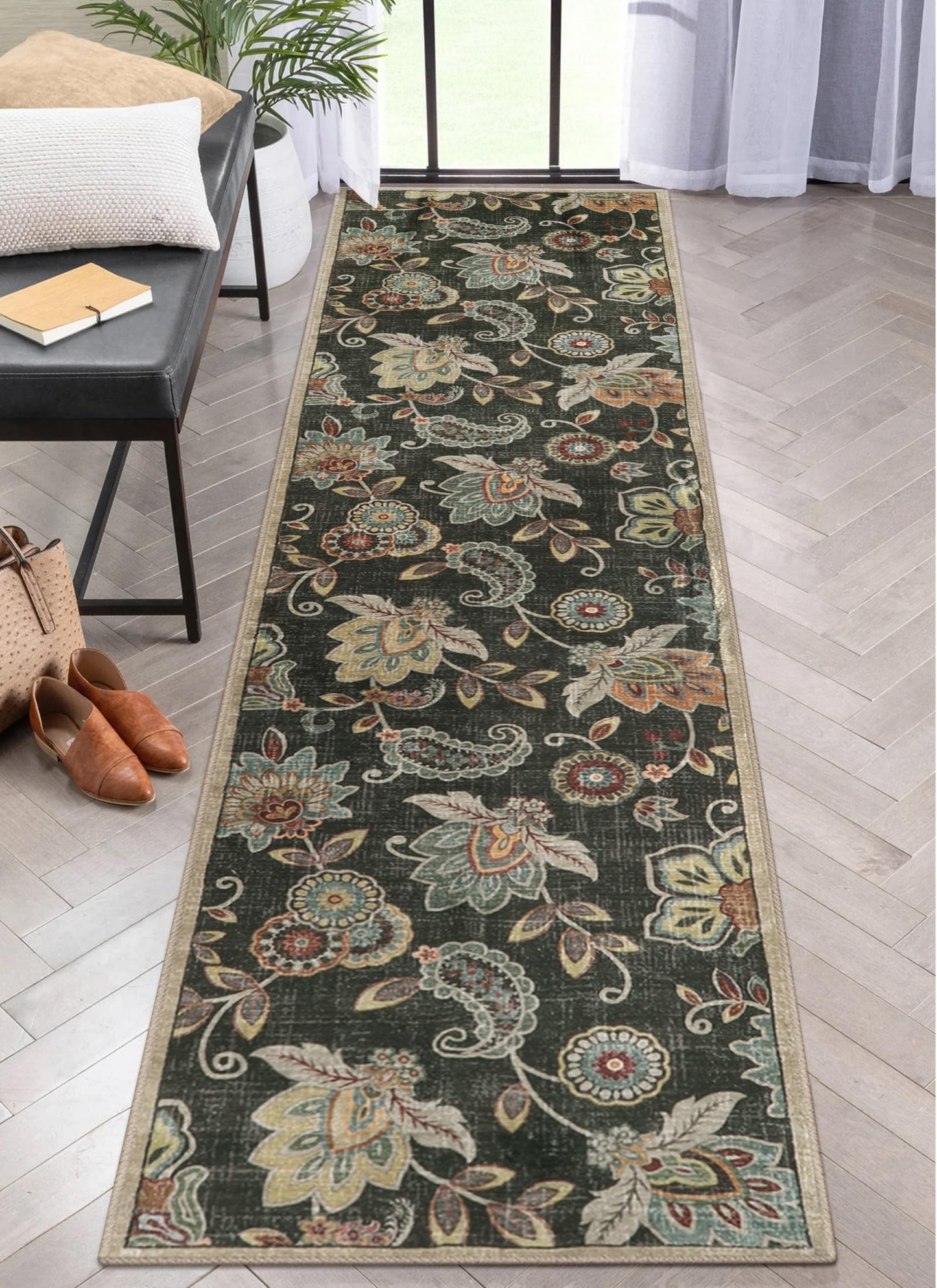 Morebes Floral Washable Hallway Rug 2x8, Brown Rugs for Entryway Non Slip,Long Bath Mat Distressed Paisley Kitchen Runner Rug Indoor Floor Carpet for Entry Laundry Foyer Nursery Rv
