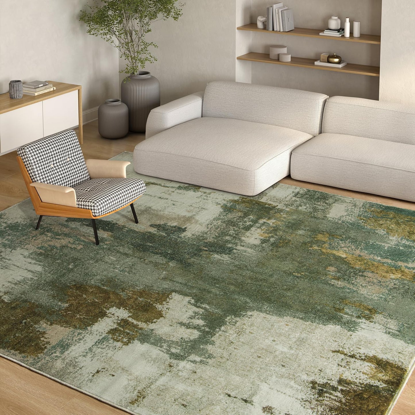 Kelarea Living Room Rug, 9x12 Rug Modern Abstract Washable Rugs, Green Vintage Low Pile Carpet, Non Slip Large Rugs for Bedroom, Dining Room, College Dorm, Home Office