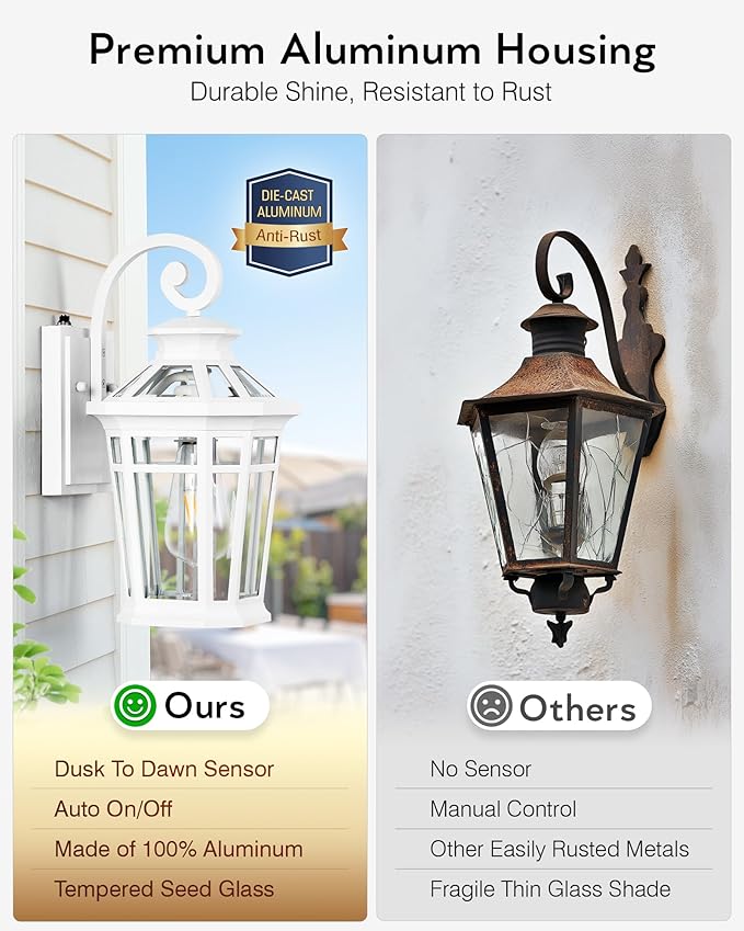 Dawn to Dusk Outdoor Light Fixture, White Front Porch Lights Wall Mount, Exterior Sconce Light with E26 Socket, Anti-Rust Coach Lights for Garage, Waterproof Outdoor Lighting for House, Patio
