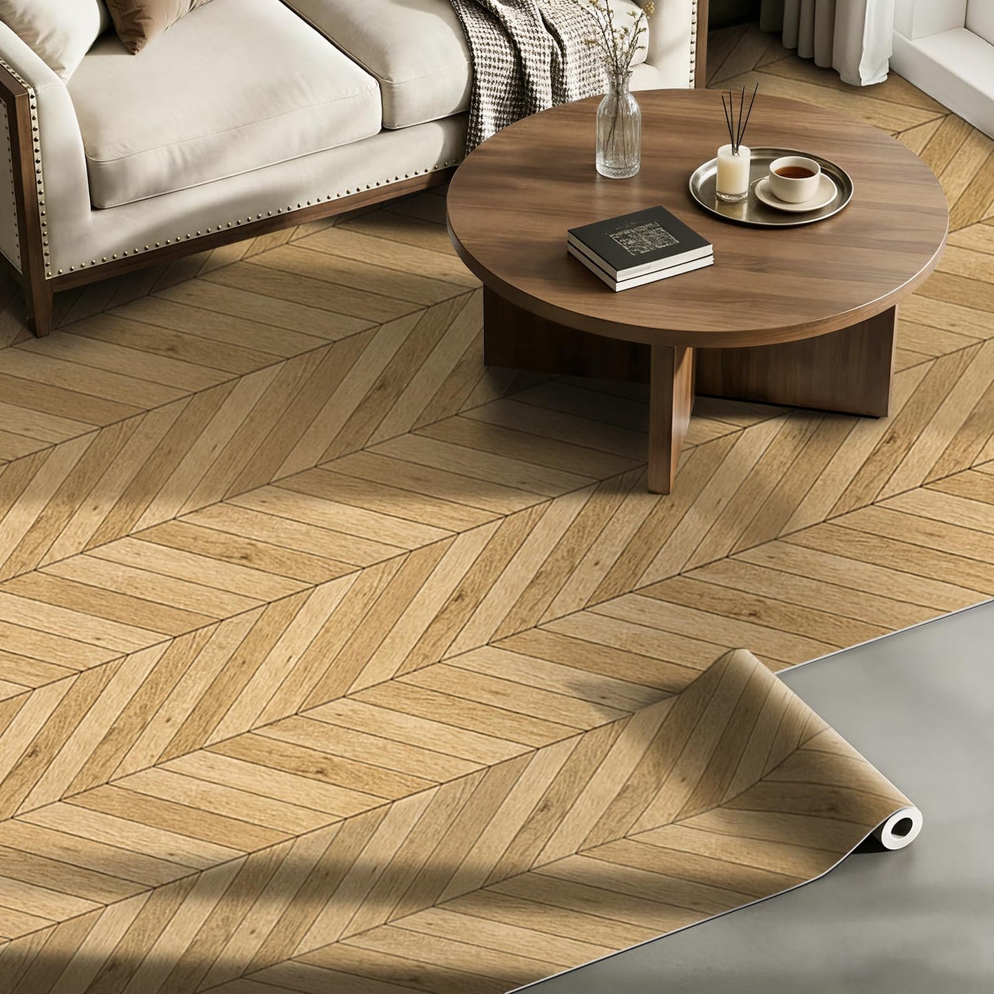Wood Grain Peel and Stick Vinyl Flooring Roll - 15.7" X 236" Vinyl Flooring Roll,Textured with Waterproof, Slip-Resistant for Bedroom, Living Room
